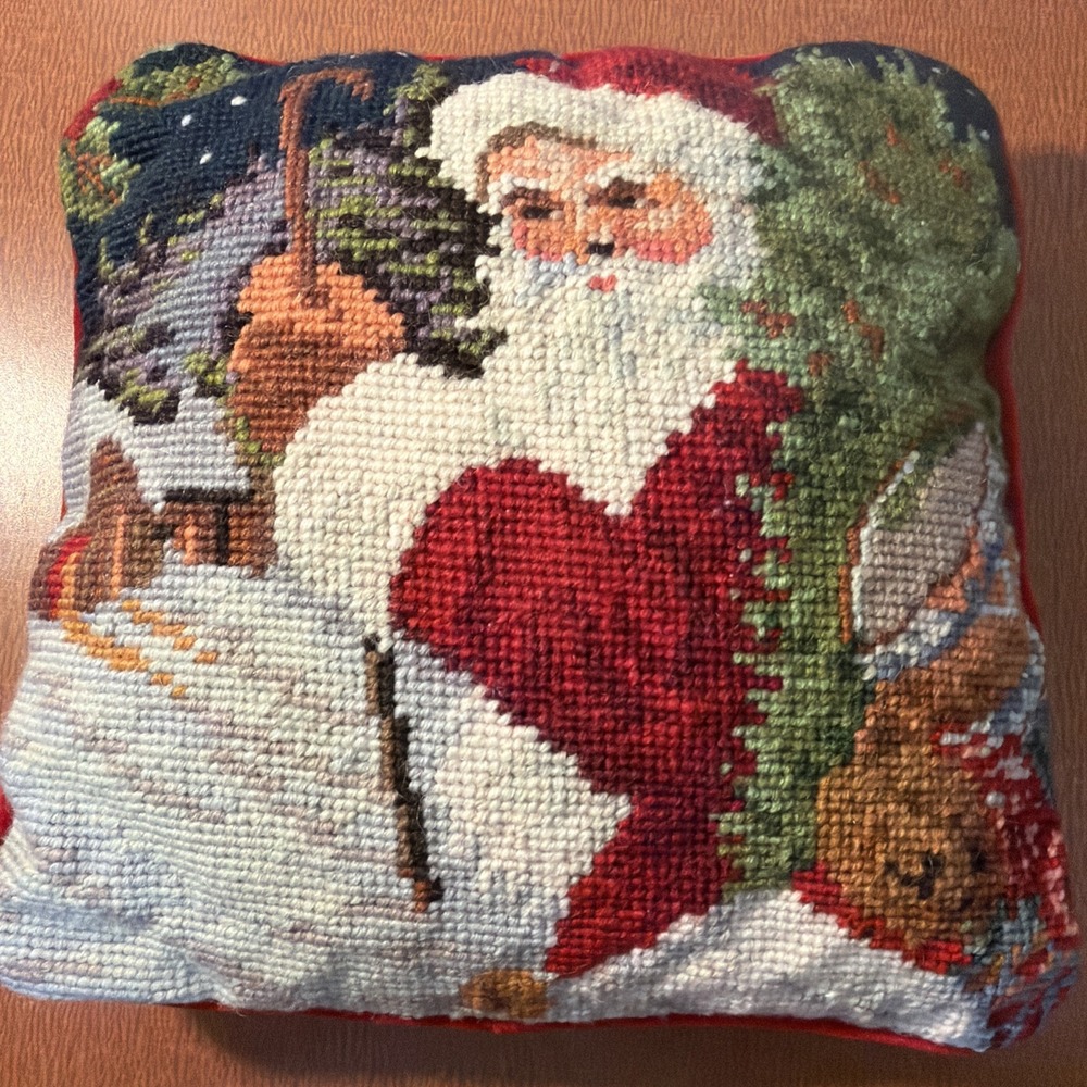 Vtg Santa Christmas Needlepoint Pillow 10x10" Red Velvet Backing With Zipper